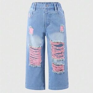 Stylish Blue and Pink Distressed Girl’s Jeans